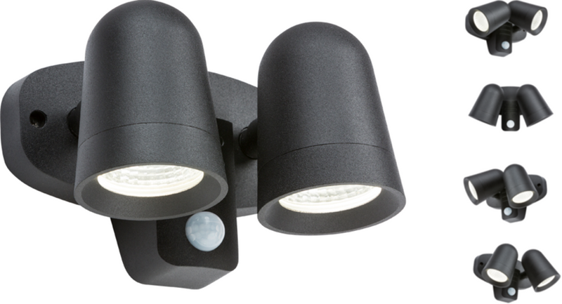 230V IP65 18W LED Black Twin Spot Floodlight with PIR